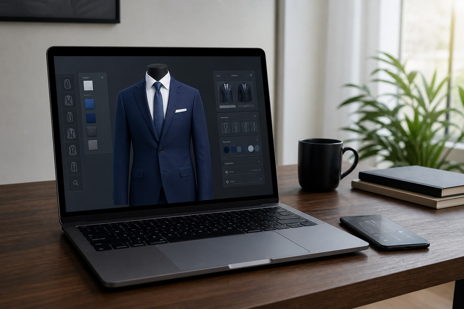 Online 3D konfigurátor pánskeho obleku na mieru na notebooku
