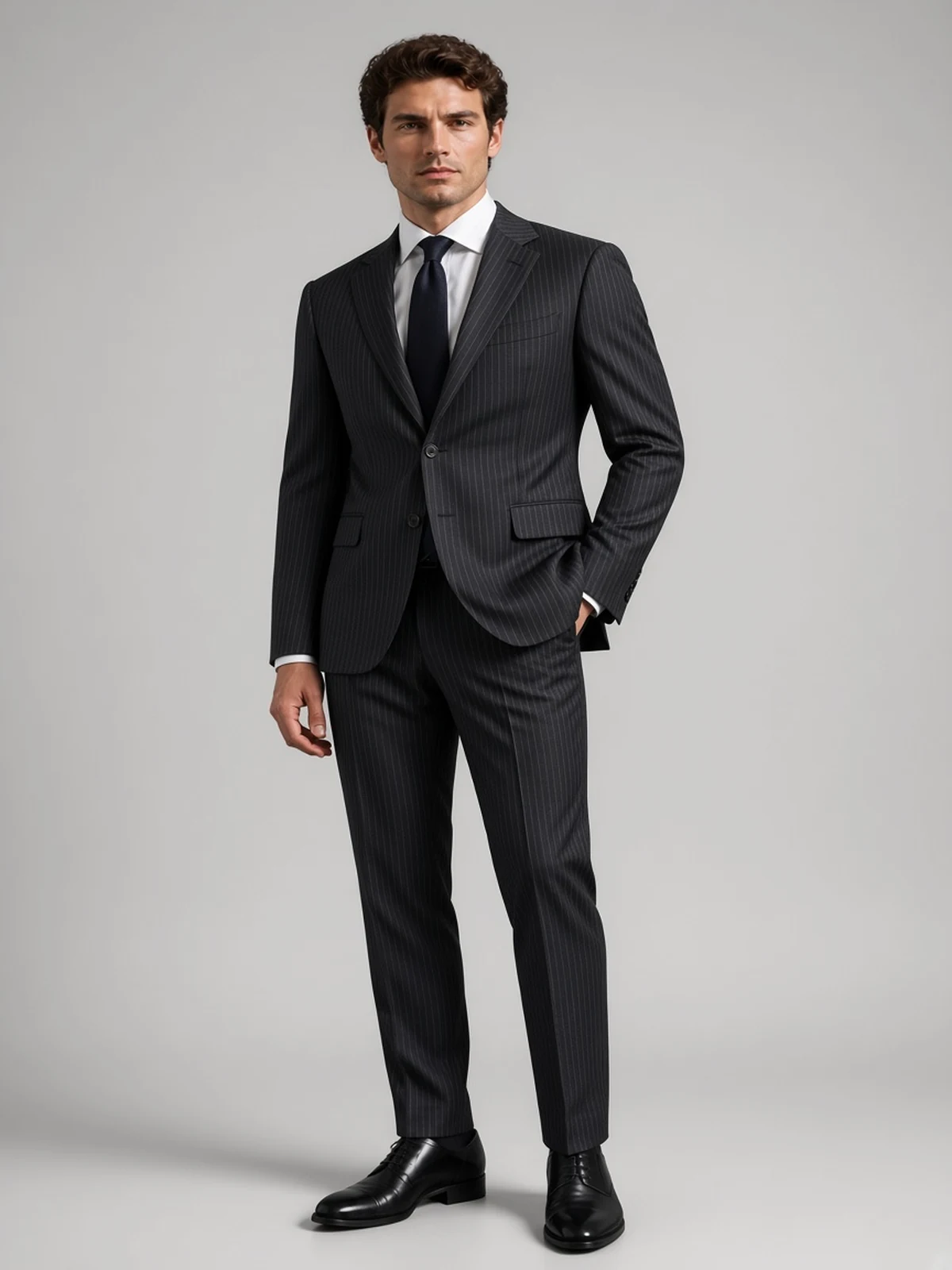Cerruti Super 130's — modrý prúžok — vizualizácia obleku