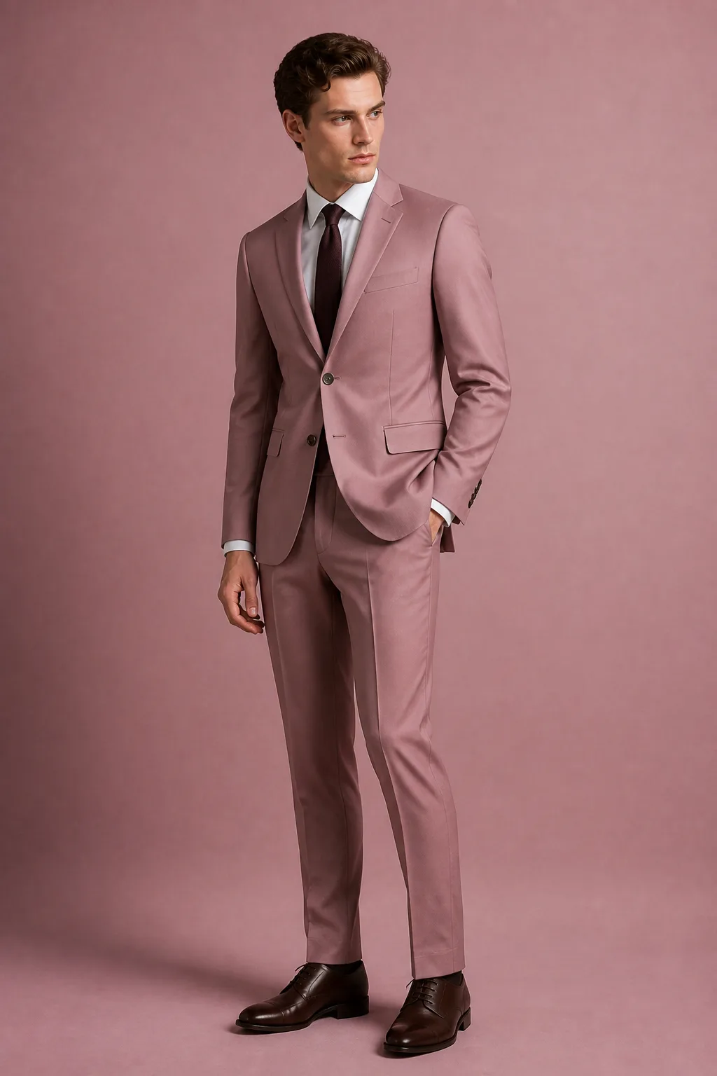 Dusty rose flanel — 100 % vlna — vizualizácia obleku