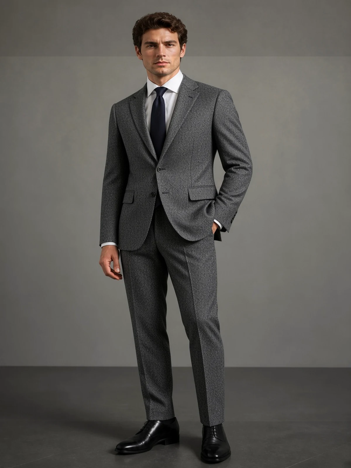 Piacenza vlna & hodváb — čierno-biely twill — vizualizácia obleku