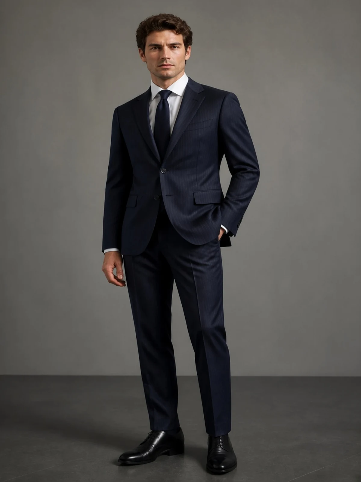 Scabal Super 130's — tmavomodrý prúžok — vizualizácia obleku