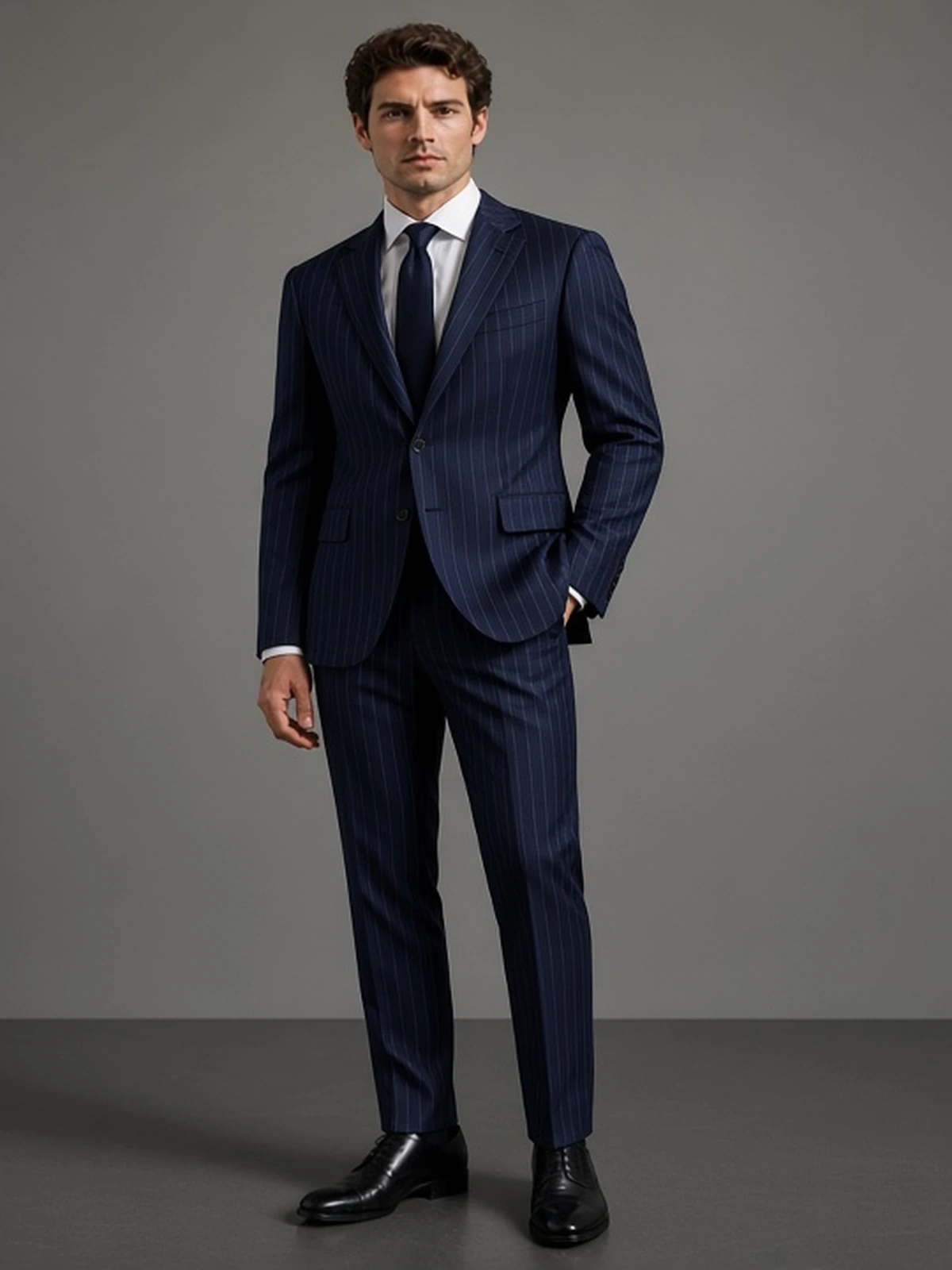 Scabal Super 130's — navy prúžok — vizualizácia obleku