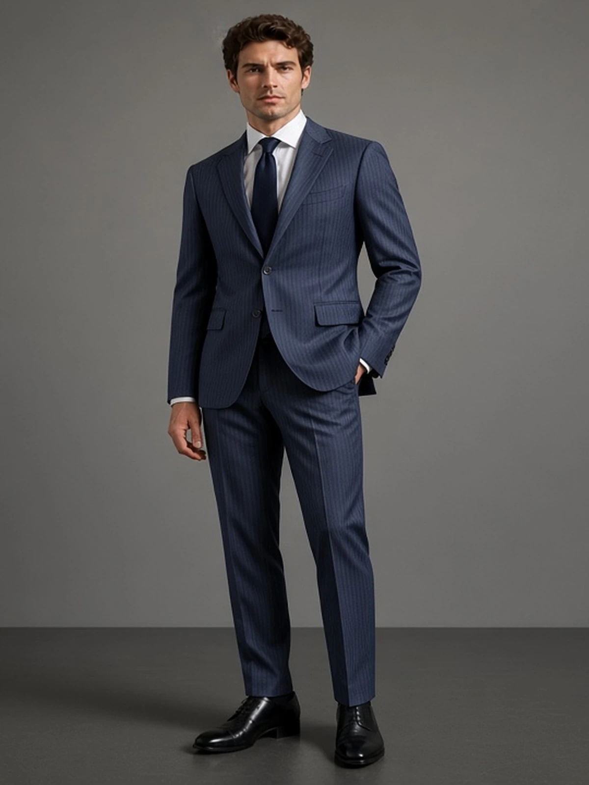 Scabal Super 130's — RAF blue prúžok — vizualizácia obleku